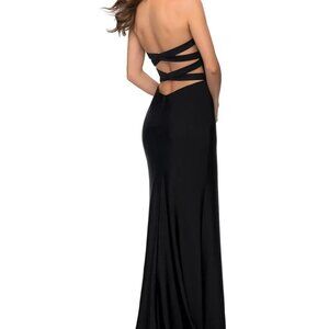 La Femme Black Cross Back Strapless Jersey Evening Dress